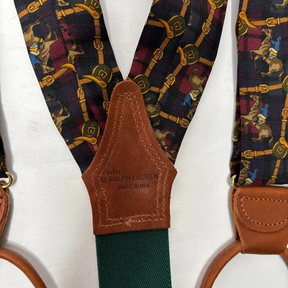 VTG Polo Ralph‎ Lauren Suspenders Horse Chain Print Equestrian Heritage Leather
